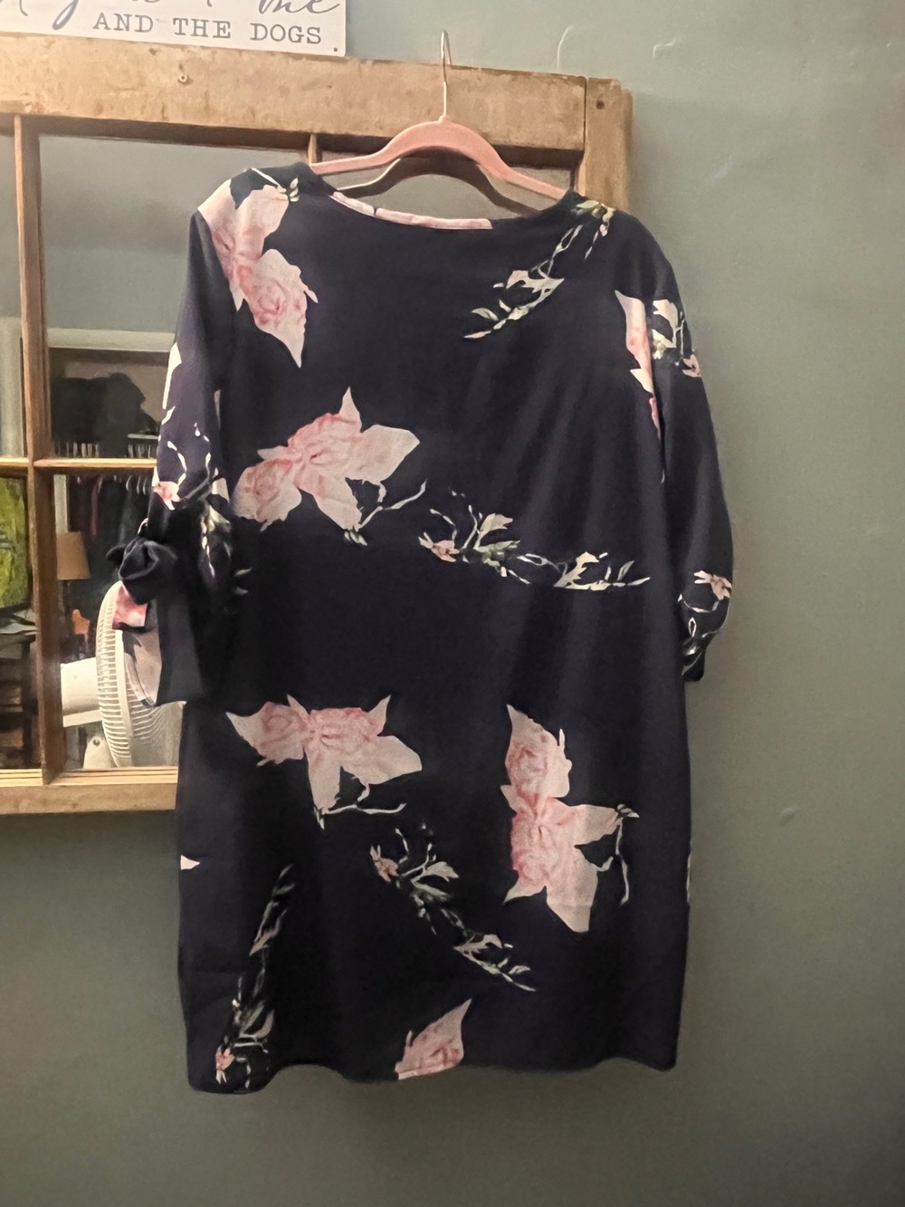 Floral Tie-Sleeve Navy & Pink Women's Dress - Picture 2 of 4
